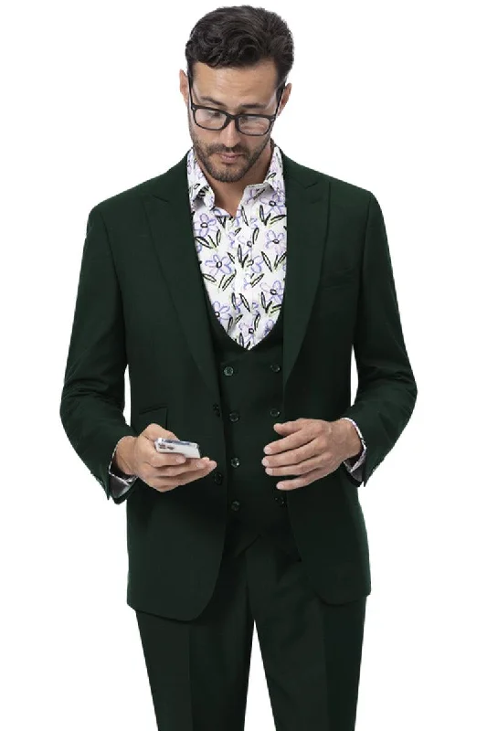 Men's wool tuxedo jacket for formal business event -EJ Samuel Hunter Green 2-Button Suit w/ Peaked Lapel & Double Breasted Vest