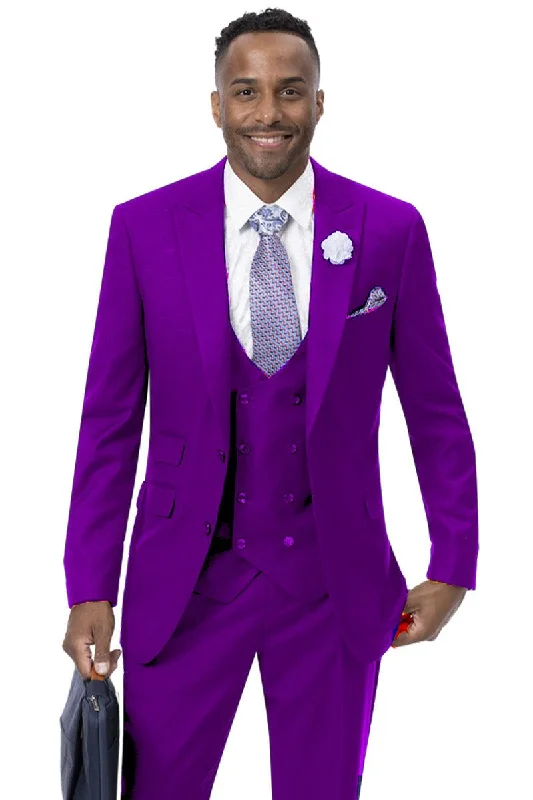 Men's premium tuxedo jacket for evening office event -EJ Samuel Men's 2-Button Peak Lapel Vested Suit with Double Breasted Vest - Purple