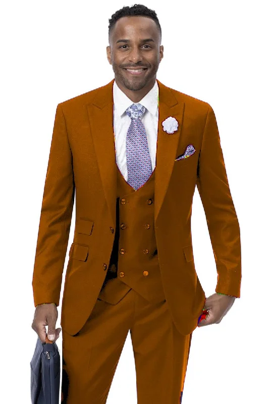 Men's modern tuxedo for corporate gala reception -Modern Rust Vested Peak Lapel Suit with Double Breasted Vest by EJ Samuel