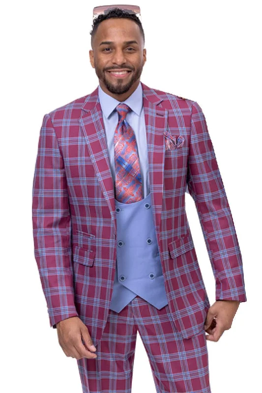 Men's luxury tuxedo for business dinner gala -"EJ Samuel Men's 1-Button DB Vest in Rasberry Pink Plaid"