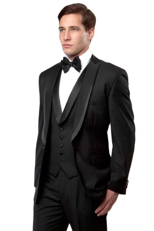 Men's tailored tuxedo for black tie corporate event -Bryan Michaels Men's Black Satin-Trimmed Vested Tux with Peak Lapel