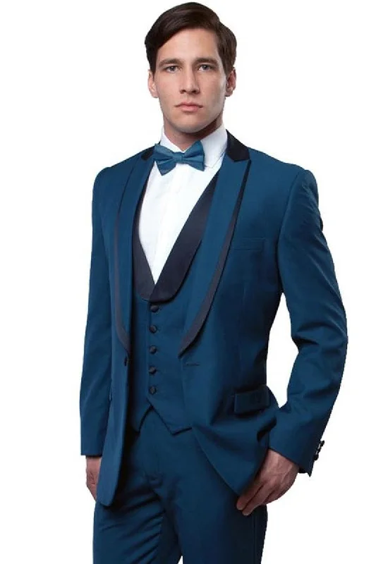 Men's modern tuxedo for business office party -Bryan Michaels Teal Blue Vested Tuxedo w/ Satin-Trimmed Peak Lapel