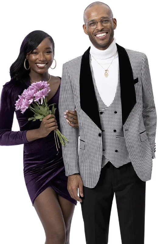 Men's modern tuxedo for formal wedding dinner -"EJ Samuel Men's One-Button Houndstooth Tuxedo: Professional Panache and Style"