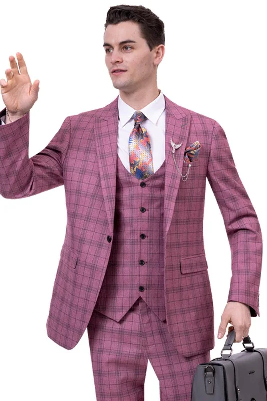 Men's slim fit tuxedo for formal wedding party -"EJ Samuel Men's 1-Button Vested Suit in Mauve Pink Windowpane Plaid"