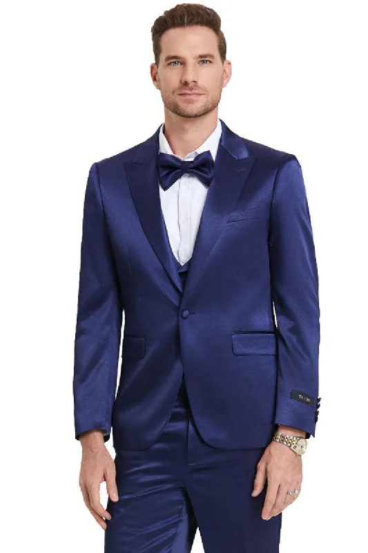 Men's premium tuxedo for evening business dinner -Tazio Men's Shiny Satin Sharkskin One-Button Prom Suit in Indigo Navy