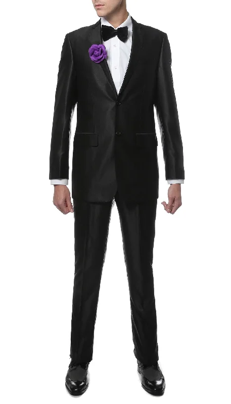 Men's designer tuxedo for wedding party dinner -Oxford Black Sharkskin Slim Fit Suit