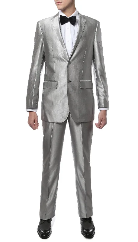 Men's premium tuxedo for corporate event gala -Oxford Silver Sharkskin Slim Fit Suit