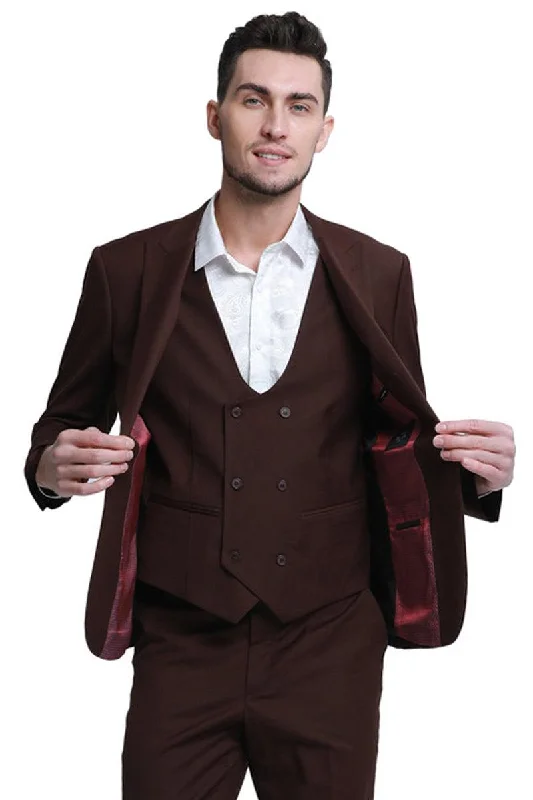 Men's luxury tuxedo for formal office dinner -Slim-Fit Brown Tazio Men's Suit w/ Peak Lapel & Double Breasted Vest