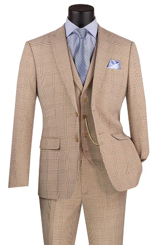 Men's slim fit tuxedo jacket for office reception -Product Title: Vinci Men's Slim Fit Beige Vested Glen Plaid Summer Business Suit