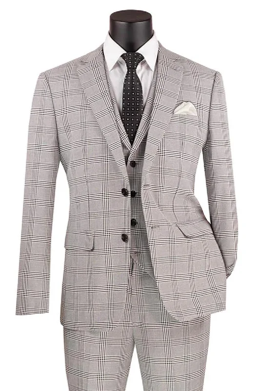 Men's wool tuxedo for formal office gala -"Vinci Men's Slim-Fit Glen Plaid Summer Suit in Light Grey"