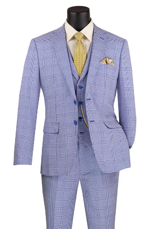 Men's slim fit tuxedo for formal evening event -Men's Sky Blue Glen Plaid Vested Business Suit – Vinci Slim Fit Summer