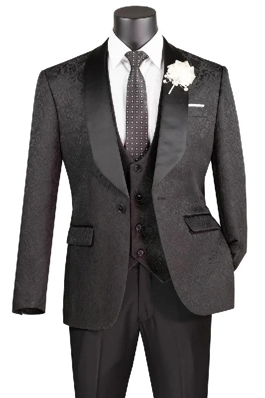 Men's designer tuxedo for black tie wedding reception -Vinci Men's Slim Fit Paisley Black Vested Wedding Tuxedo