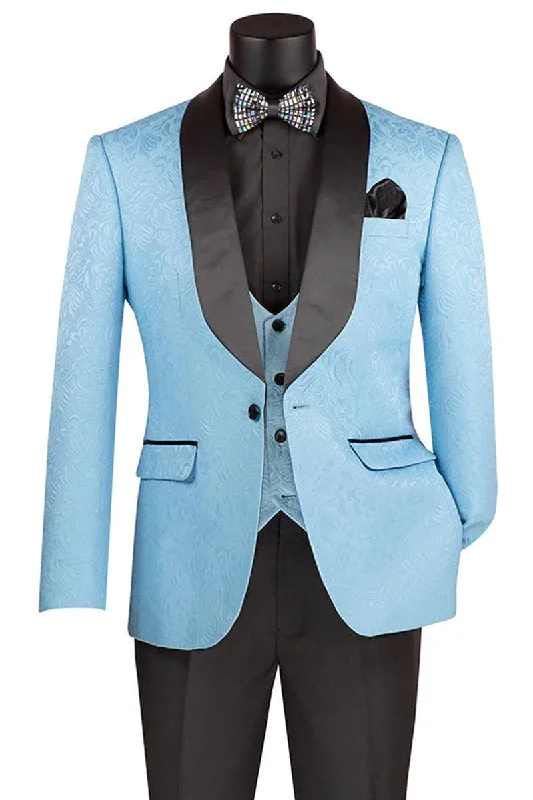 Men's luxury tuxedo for office gala reception -Men's Paisley Vested Slim-Fit Light Blue Tuxedo by Vinci