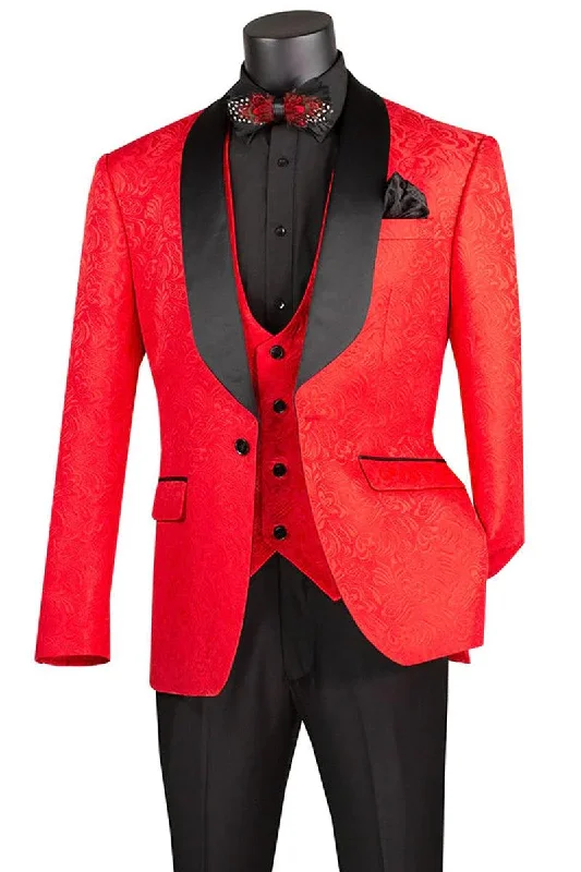 Men's wool tuxedo for wedding gala event -Men's Red Vinci Vested Wedding Tuxedo | Slim Fit Paisley Style