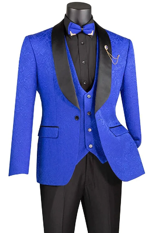 Men's slim fit tuxedo jacket for office formal dinner -Vinci Men's Slim Fit Paisley Royal Blue Wedding Tuxedo Vested