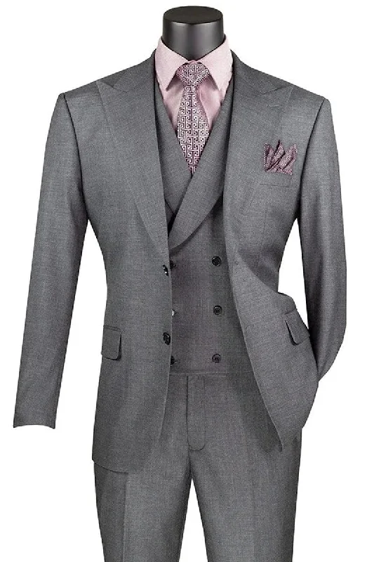 Men's luxury tuxedo for business gala event -Men's Charcoal Sharkskin Double Breasted Suit with Vest by Vinci