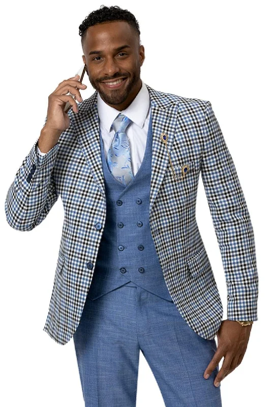 Men's luxury tuxedo jacket with satin lapels for formal dinner -EJ Samuel Modern Fit Blue & Black Windowpane Plaid Check Vest Suit