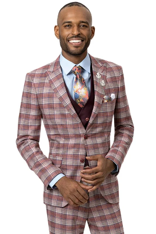 Men's designer tuxedo jacket for corporate wedding event -EJ Samuel Modern Fit Double Breasted Vest Suit - Burgundy Windowpane Plaid