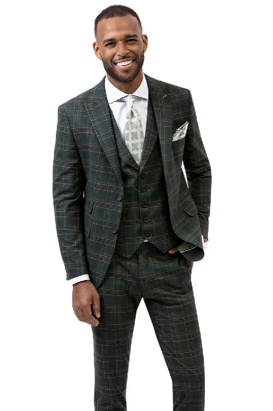 Men's wool tuxedo for evening reception -"EJ Samuel Modern Fit Vested Suit - Dark Hunter Green Windowpane Plaid"