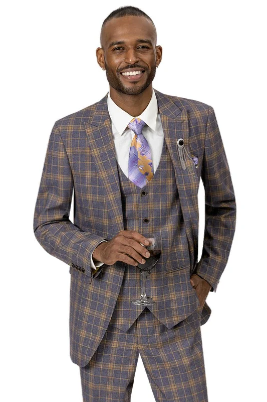 Men's premium tuxedo jacket for black tie reception -EJ Samuel Men's Modern 2-Btn Vested Suit in Lavender & Gold Windowpane