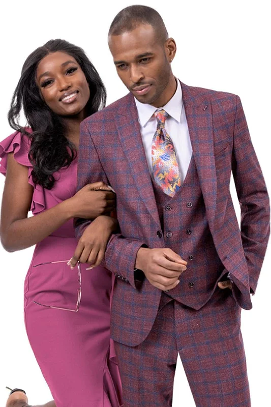 Men's classic tuxedo jacket for evening event -EJ Samuel Classic Peak Lapel Vested Suit in Burgundy Windowpane Plaid