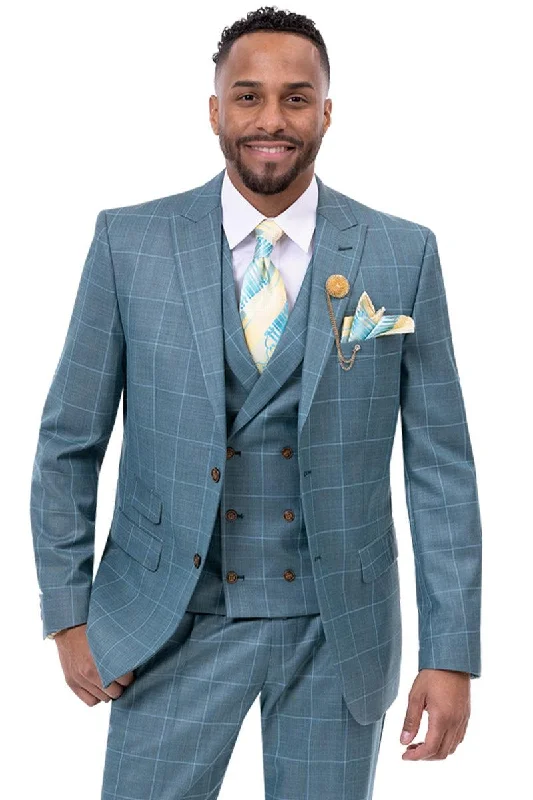 Men's premium tuxedo jacket with satin collar for wedding -EJ Samuel Vested Teal Suit - 2-Button Peak Lapel Windowpane Plaid