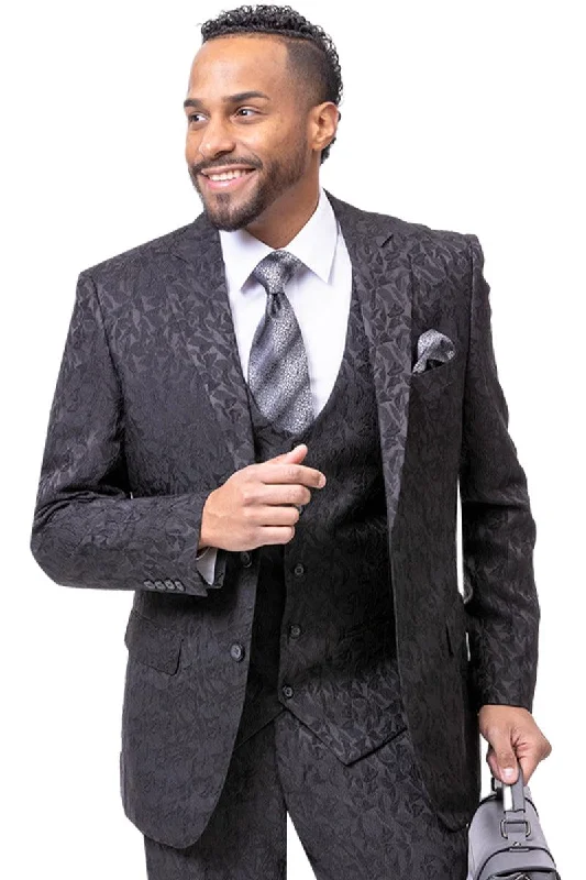 Men's designer tuxedo jacket for formal evening party -"EJ Samuel - Black Paisley Vested Mens Suit: Sharp Fashion for All Occasions"