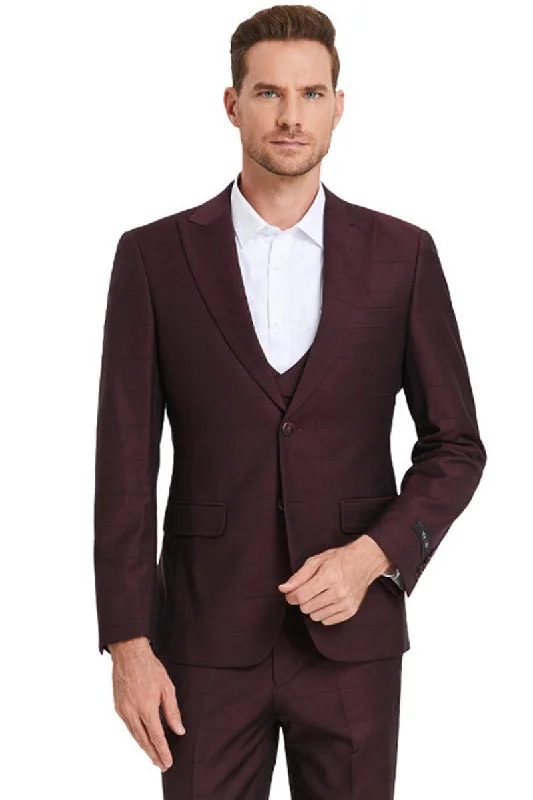 Men's luxury grey tuxedo for evening event -Tazio Men's Burgundy Peakskin Suit with Windowpane Plaid, 2-Button Vesting