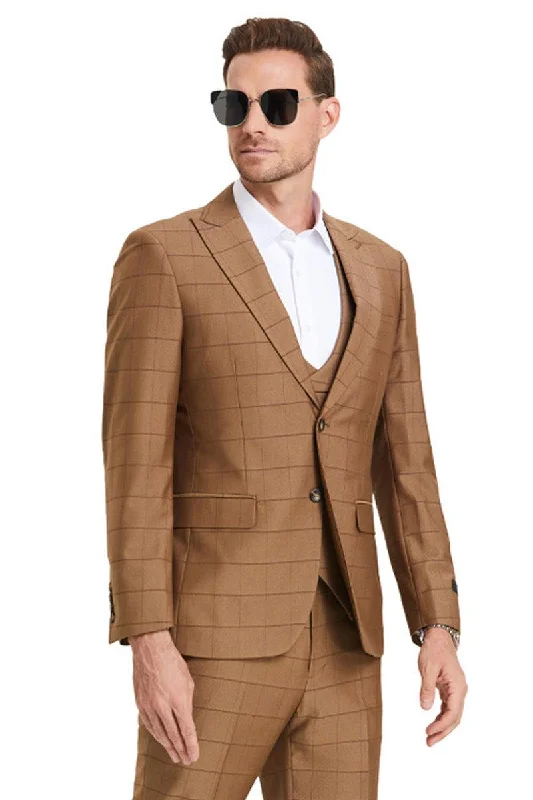 Men's slim fit tuxedo for office wedding reception -Men's Tazio Vested Peak Lapel Sharkskin Suit in Camel Windowpane Plaid