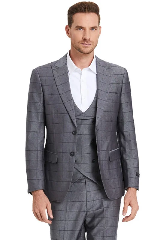 Men's wool tuxedo for formal corporate gala -"Tazio Men's Sleek Two-Button Sharkskin Suit in Charcoal Grey Windowpane"