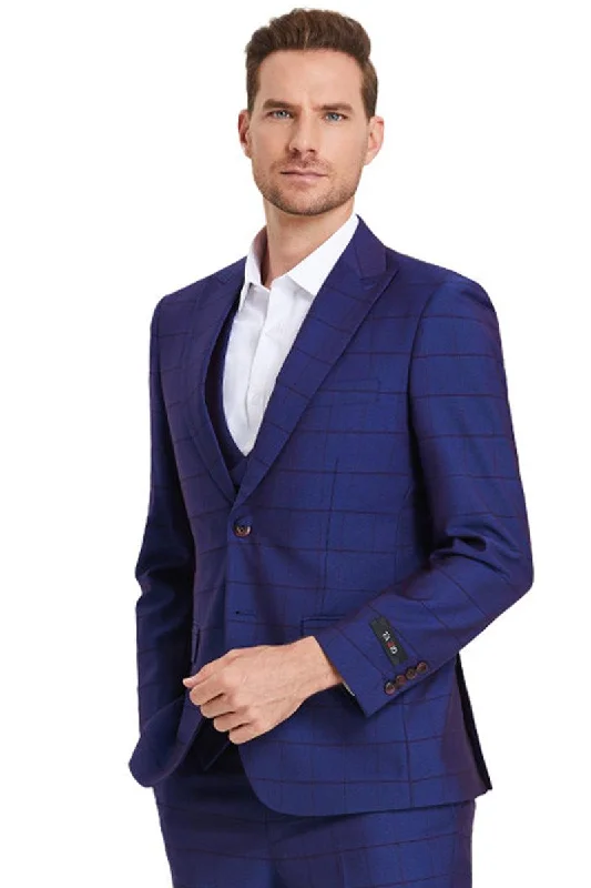 Men's designer tuxedo for corporate dinner party -Tazio Men's 2-Button Vested Sharkskin Suit - Indigo Blue with Windowpane Plaid