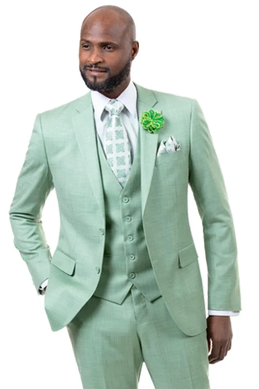 Men's slim fit tuxedo jacket for corporate reception -EJ Samuel Two-Button Vested Sharkskin Weave Business Suit - Moss Green