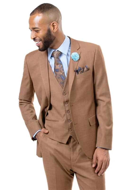 Men's wool tuxedo jacket for evening gala event -"EJ Samuel Rust Brown Sharkskin Weave Vested 2-Button Suit"