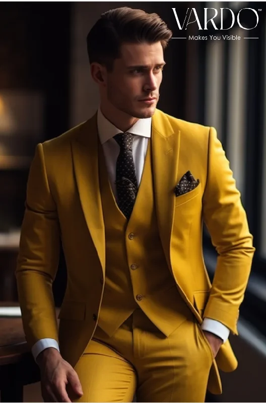 Men's premium tuxedo with satin lapels for business event -Mustard Yellow Three-Piece Suit for Men   Tailored Fit, The Rising Sun store, Vardo