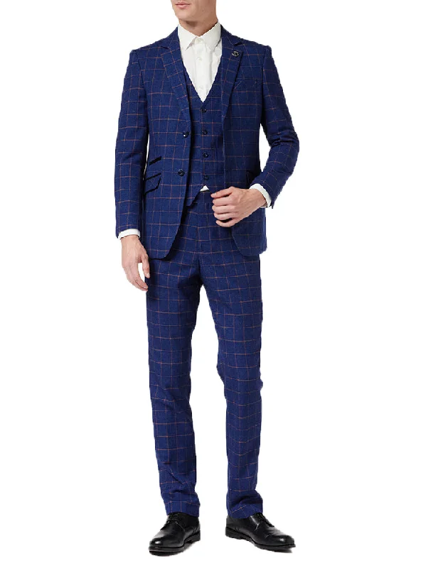 Men's designer tuxedo jacket for formal evening party -Roger - Orange on Blue Window Check Suit