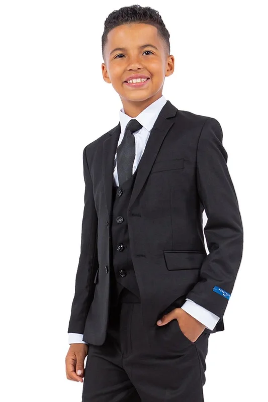 Men's designer tuxedo for black tie gala event -Revised Product Title: Perry Ellis Boys' Vested Black Wedding Suit