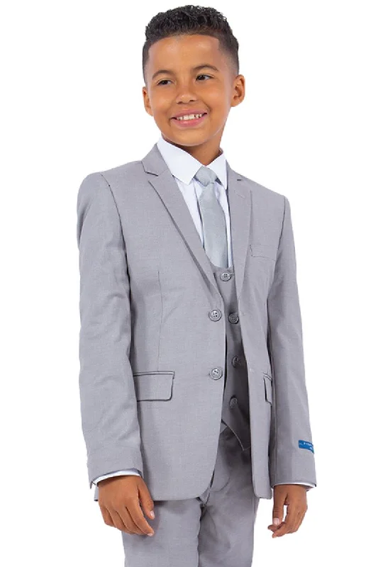 Men's modern tuxedo for formal business dinner -"Boys' Wedding Suit by Perry Ellis: Classy Light Grey Vested Look"