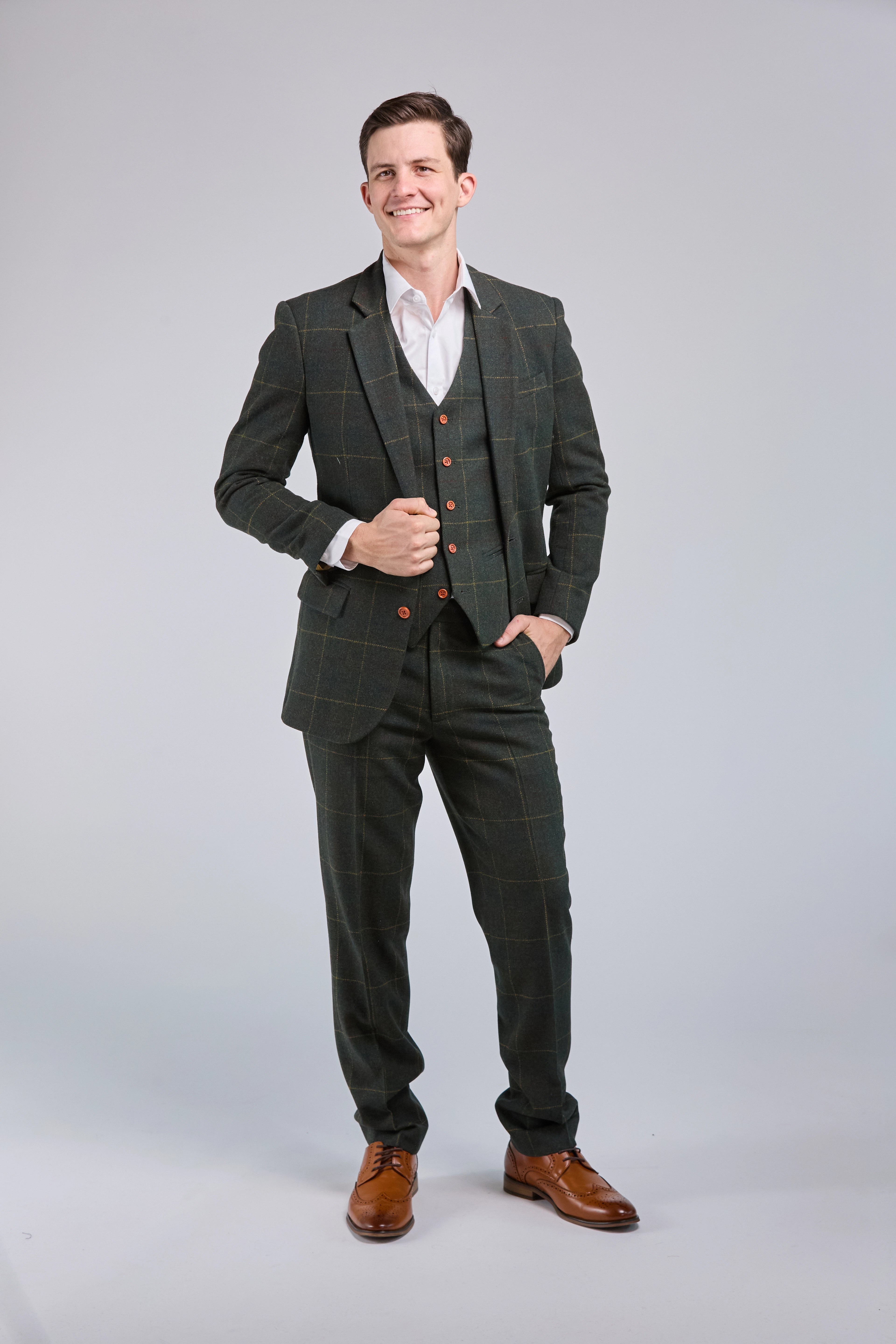 Men's wool tuxedo jacket for formal business event -Retro Green Check Tweed 3 Piece Suit