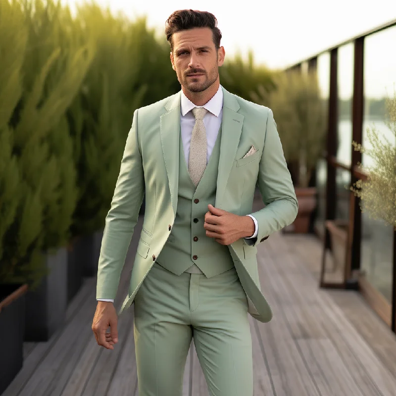 Men's wool tuxedo jacket for office business dinner -Sage Green Three Piece Wedding and Business Suit for Men - Stylish, Sophisticated, and Versatile