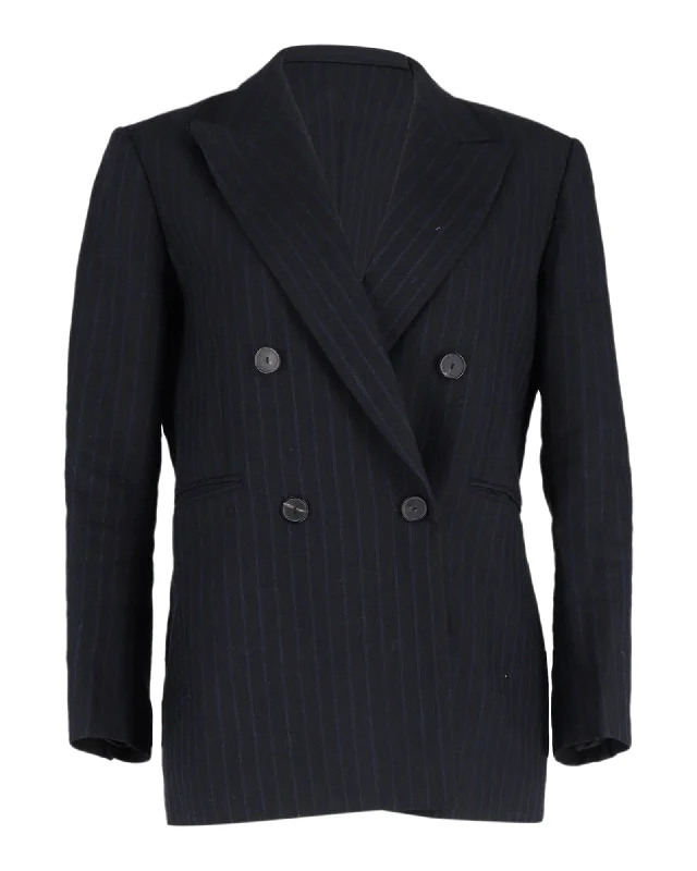 Men's luxury tuxedo for black tie event -Sandro Paris Striped Double-Breasted Blazer in Navy Blue Cotton