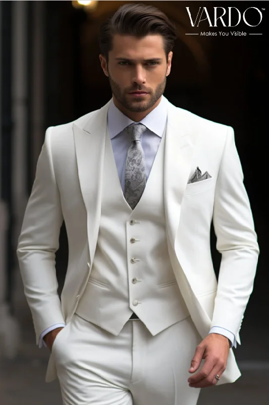 Men's slim fit tuxedo jacket for wedding reception party -Elegant White Three Piece Suit for Men - Classic Formalwear for Special Occasions- The Rising Sun store, Vardo