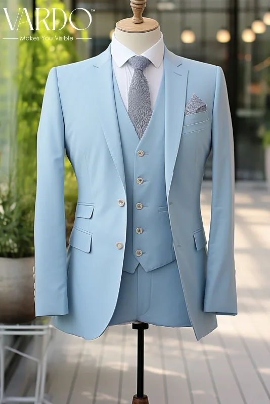 Men's slim fit tuxedo for office gala dinner party -Stylish Sky Blue Three Piece Suit for Men-Wedding, Formal, and Special Occasion Attire- Tailored Suit - The Rising Sun store, Vardo