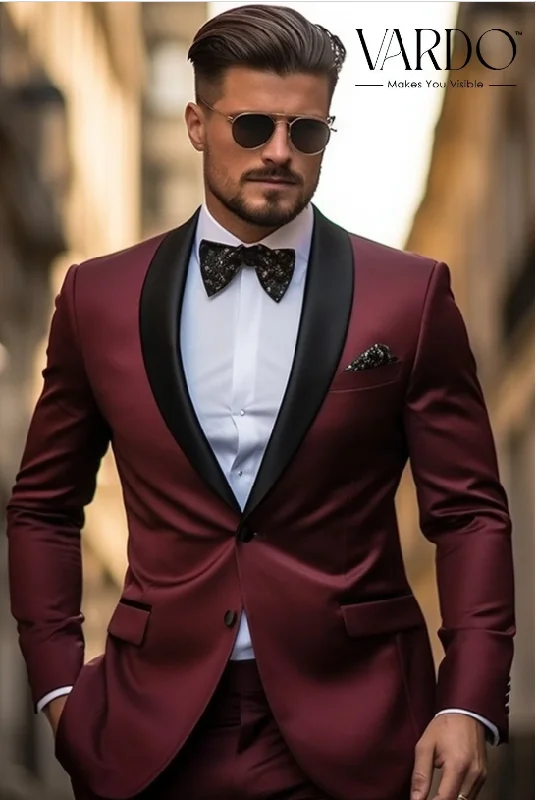 Men's wool tuxedo for formal office gala -Tailored  Burgundy Two Piece Suit for Men -Groomsmen Outfit - Tailored Suit- The Rising Sun store, Vardo