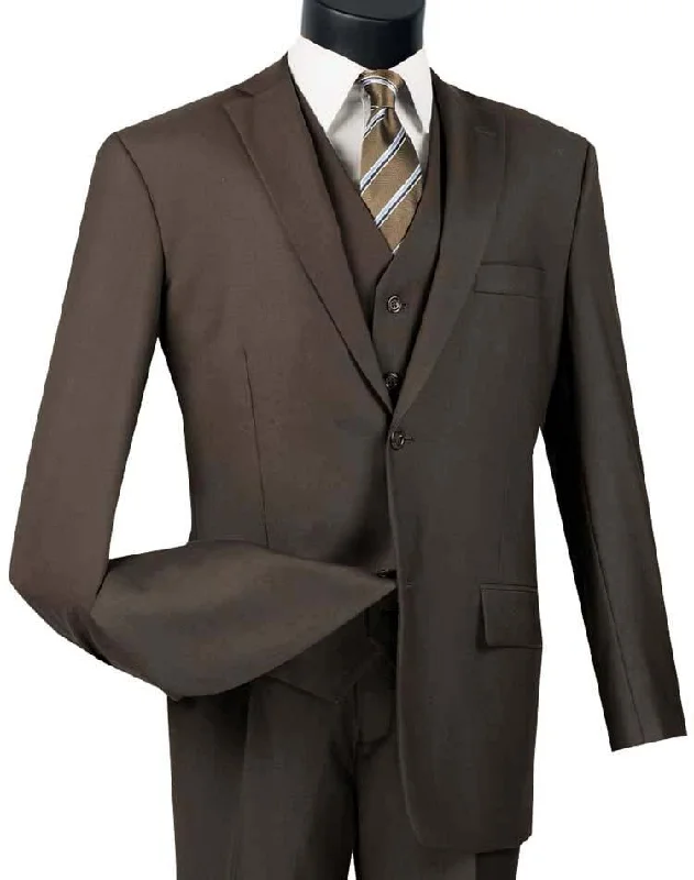 Men's wool tuxedo jacket for wedding party -Three Piece Classic Fit Vested Suit Color Brown