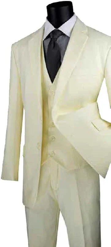 Men's wool tuxedo jacket for formal business event -Three Piece Classic Fit Vested Suit Color Ivory