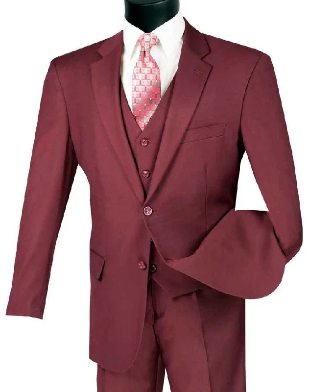 Men's slim fit tuxedo jacket for office wedding party -Three Piece Classic Fit Vested Suit Color Maroon