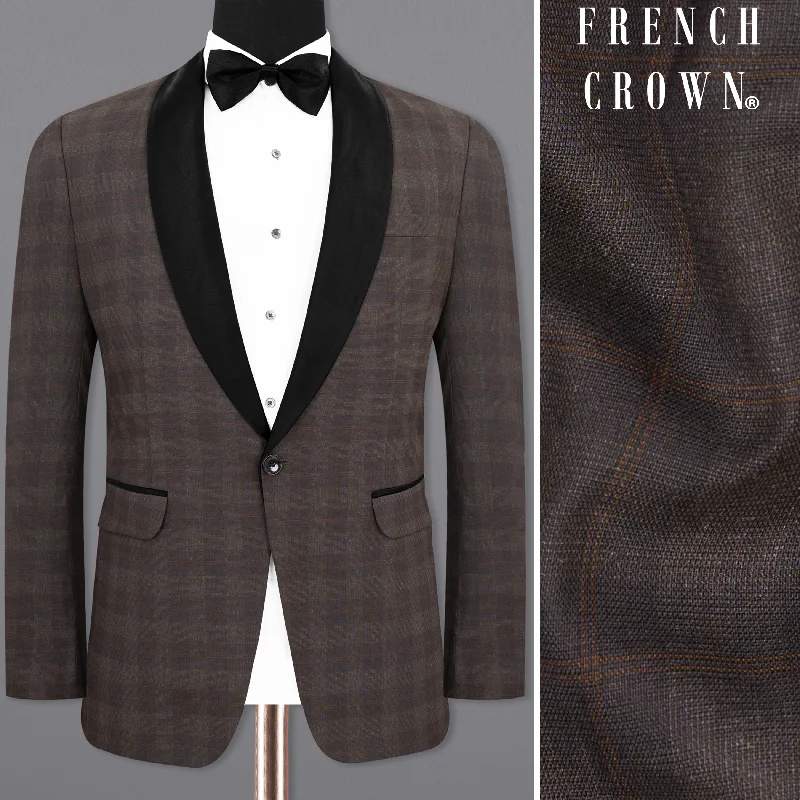 Men's premium tuxedo for office event reception -Thunder and Spice Brown Plaid Wool Rich Tuxedo Blazer