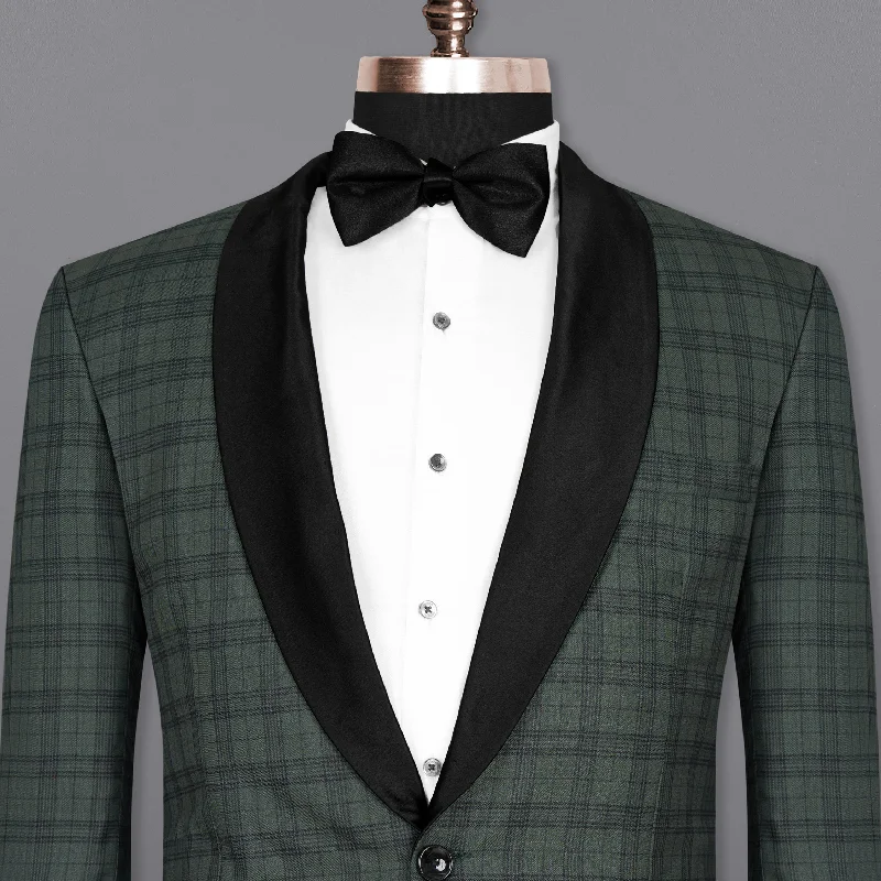 Men's premium tuxedo jacket for black tie reception -Timber Green Plaid Wool Rich Tuxedo Blazer