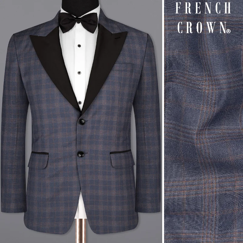 Men's premium tuxedo jacket with satin collar for wedding -Trout Gray Super fine Checkered Wool Rich Tuxedo Blazer