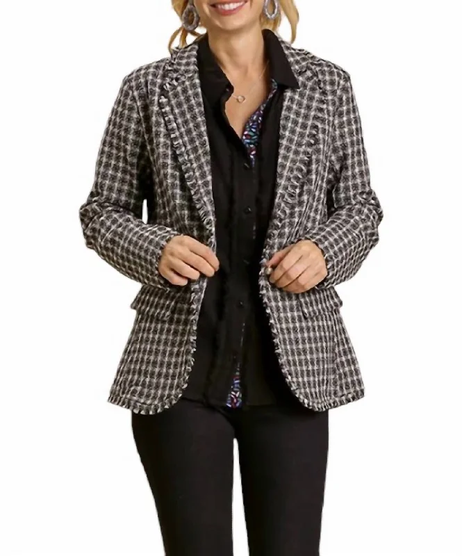 Men's designer tuxedo jacket for business gala party -Tweed Plaid Jacket Blazer In Black